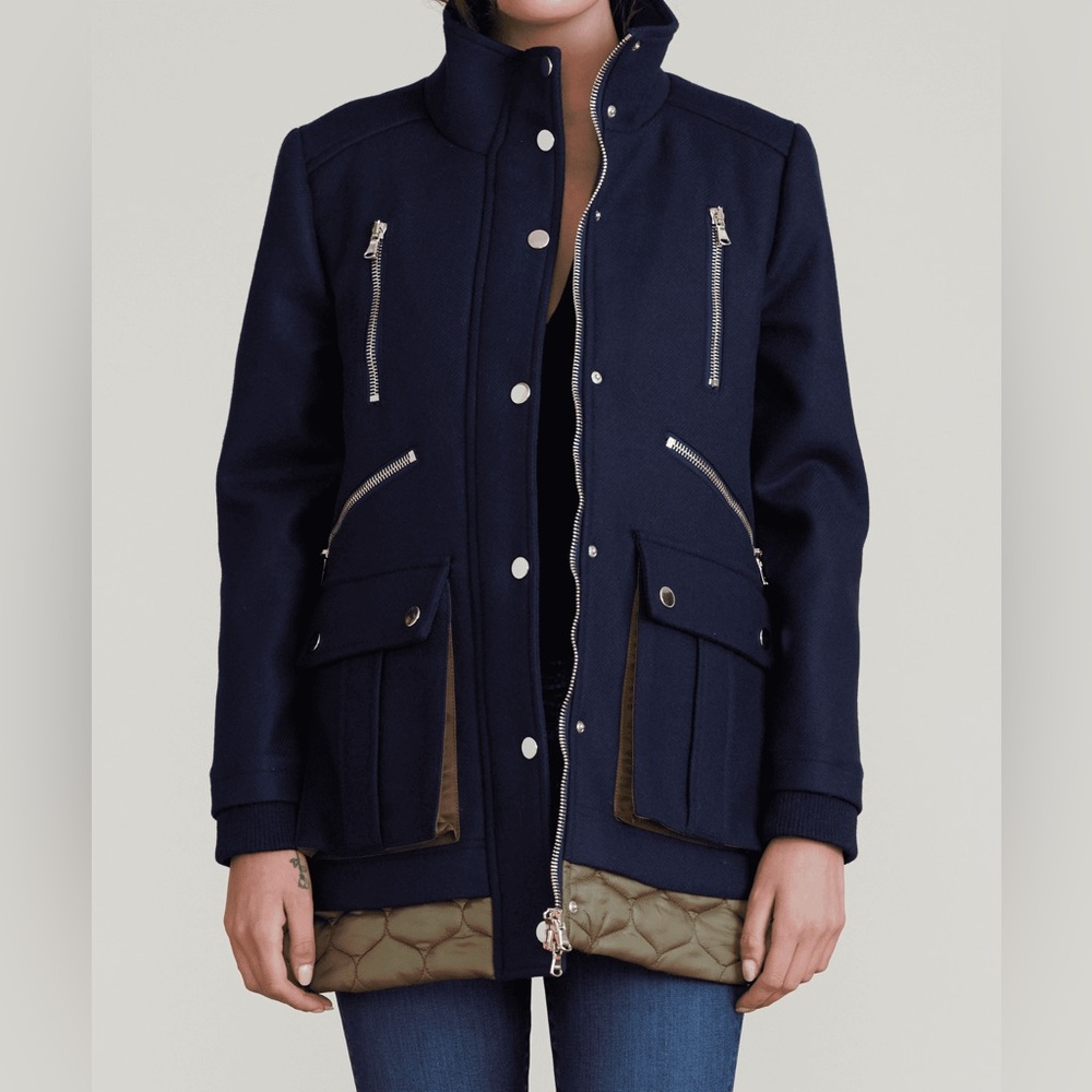 Veronica Beard Navy Olive Halbert Coat size XS Wool-Blend Quilted Hem Coat